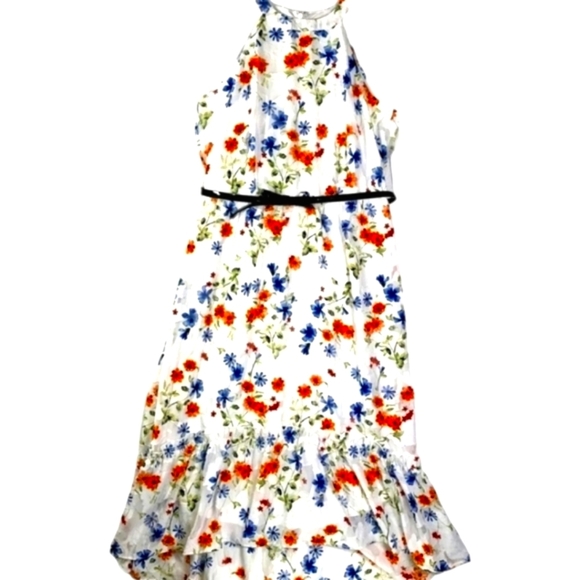 Elle Womens Floral Print Belted Tea Dress Tiered Ruffled Hi-lo Skirt Plus Sz XXL - Picture 1 of 11